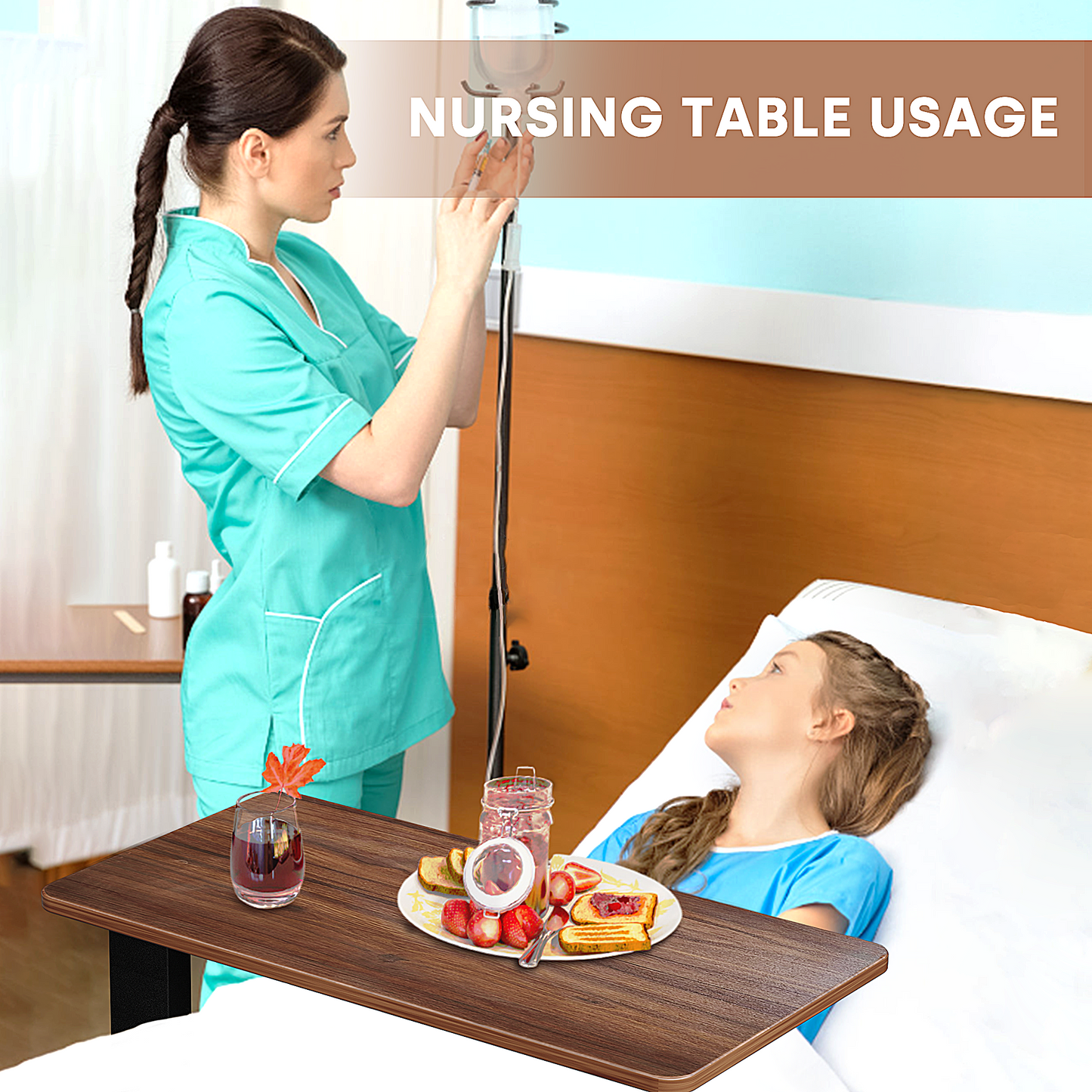 Adjustable Overbed Bedside Table with Hidden Wheels(Hospital and Home Use), Walnut Brown