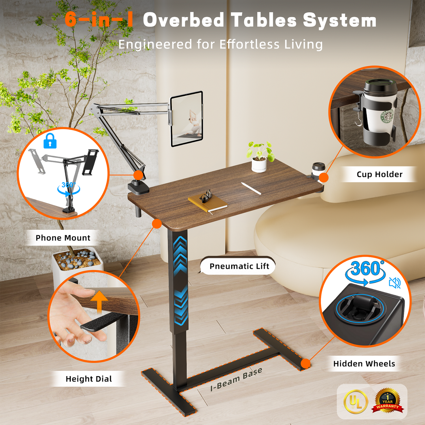 Overbed Bedside Table With Wheels,Adjustable Medical Home Bed Table,Rolling Tray Laptop Table,Mobile Standing Desk,Brown