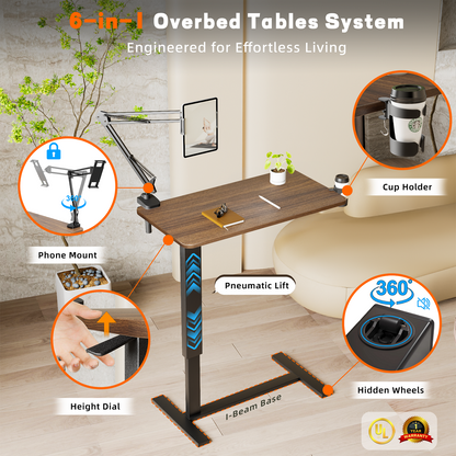 Overbed Bedside Table With Wheels,Adjustable Medical Home Bed Table,Rolling Tray Laptop Table,Mobile Standing Desk,Brown
