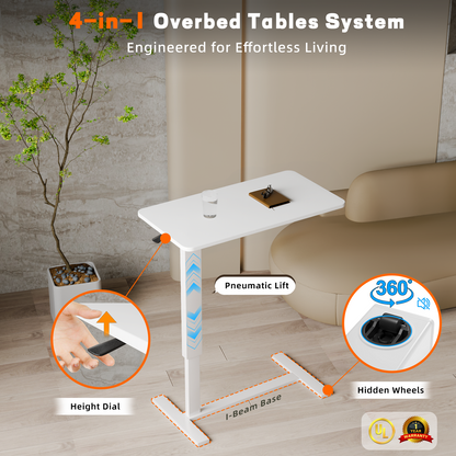 Overbed Bedside Table With Wheels,Adjustable Medical Home Bed Table,Rolling Tray Laptop Table,Mobile Standing Desk,White