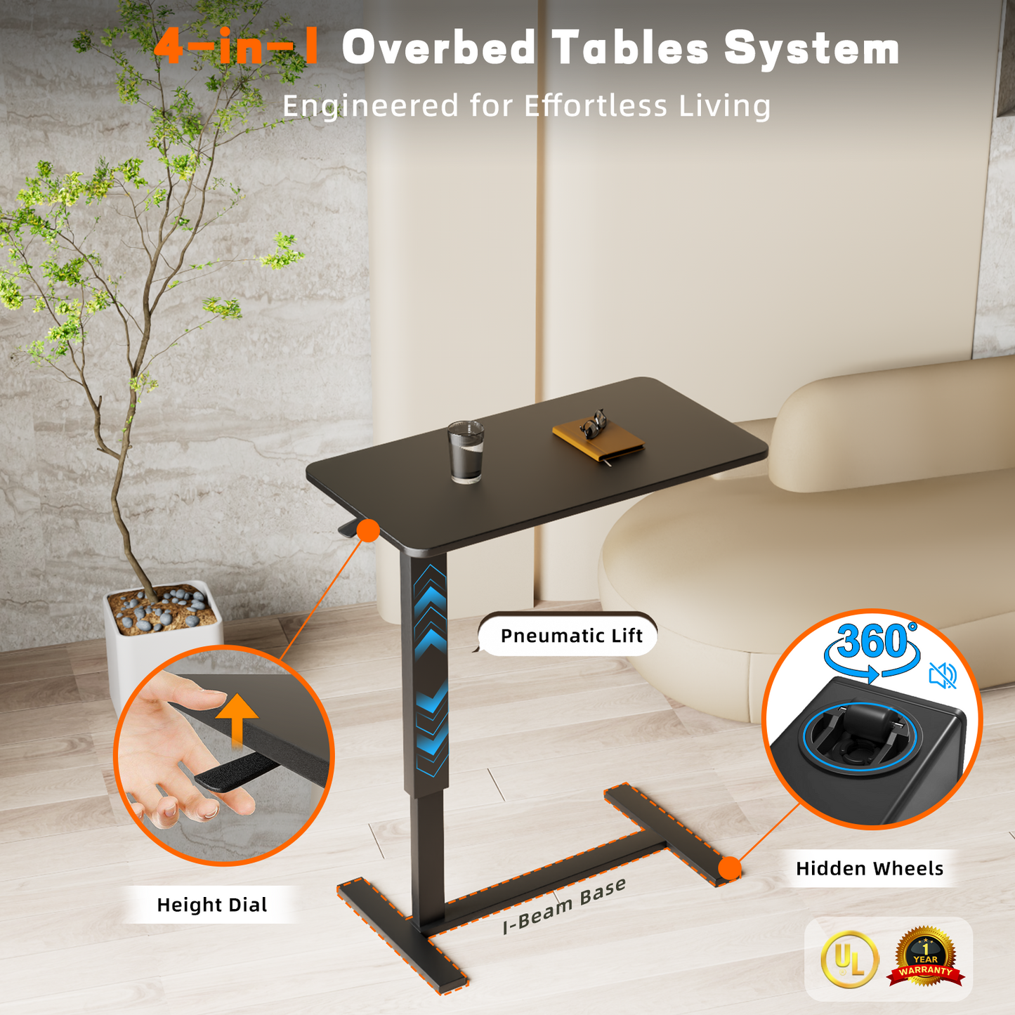 Overbed Bedside Table With Wheels,Adjustable Medical Home Bed Table,Rolling Tray Laptop Table,Mobile Standing Desk,Black
