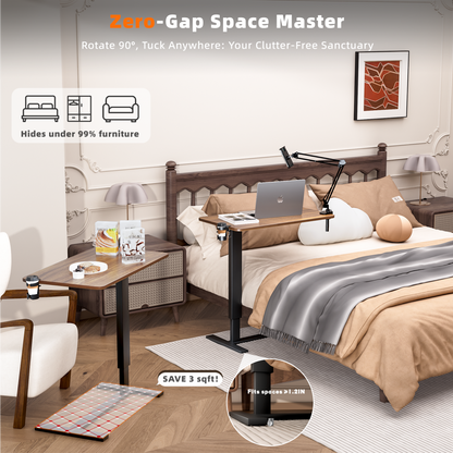 Overbed Bedside Table With Wheels,Adjustable Medical Home Bed Table,Rolling Tray Laptop Table,Mobile Standing Desk,Brown