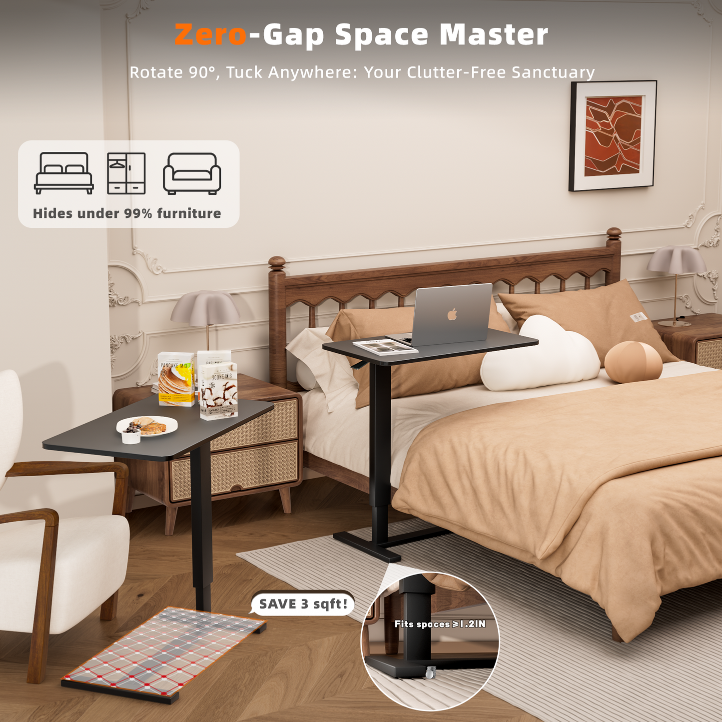 Overbed Bedside Table With Wheels,Adjustable Medical Home Bed Table,Rolling Tray Laptop Table,Mobile Standing Desk,Black