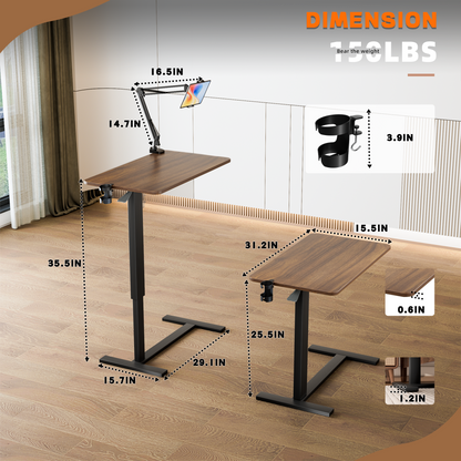 Overbed Bedside Table With Wheels,Adjustable Medical Home Bed Table,Rolling Tray Laptop Table,Mobile Standing Desk,Brown